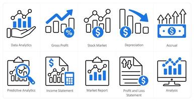 A set of 10 mix icons as data analytics, gross profit, stock market vector