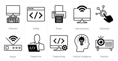 A set of 10 mix icons as computer, coding, printer vector