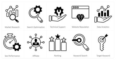 A set of 10 mix icons as market research, search optimization, technical support vector