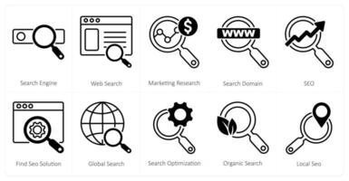 A set of 10 mix icons as search engine, web search, marketing research vector