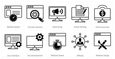 A set of 10 mix icons as website speed, find seo solution, advertising vector