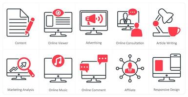A set of 10 mix icons as content, online viewer, advertising vector