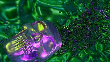 Stylish animation with 3d skull. Design. Colorful 3d animation with skull and bursting stream of particles. Stream of 3d particles as parasites move out of skull. Flow of thoughts with skull in video