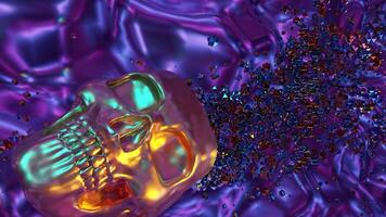 Stylish animation with 3d skull. Design. Colorful 3d animation with skull and bursting stream of particles. Stream of 3d particles as parasites move out of skull. Flow of thoughts with skull in video