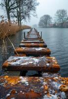 A bridge over a body of water with snow on it photo