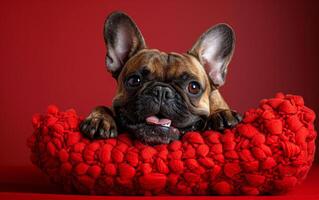 A cute dog is laying on a red pillow. The dog is smiling and he is happy photo