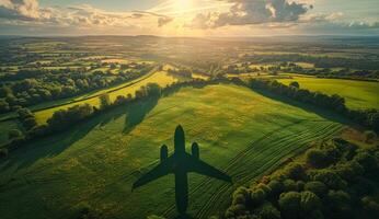 A plane is flying over a field of green grass. Concept of freedom and adventure, as the plane soars through the open sky above the vast photo