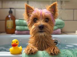 A dog with pink hair is in a bathtub with a rubber duck. The dog is looking at the camera photo