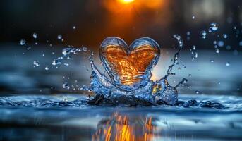 A heart is floating in a body of water, surrounded by splashes of water. Concept of love and the beauty of nature photo