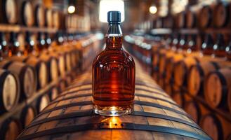 A bottle of liquor is sitting on a wooden barrel. The barrel is surrounded by other barrels, creating a sense of abundance and abundance photo