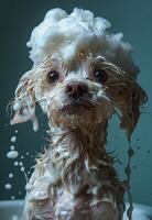 A dog is in a bathtub with a lot of foam on its head. The dog is looking at the camera with a curious expression photo