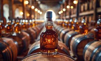 A bottle of liquor is displayed in a row of barrels. Concept of abundance and luxury photo