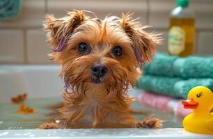 A small dog is in a bathtub with a rubber duck photo