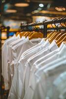 A rack of white shirts hanging in a store. The shirts are all the same color and are neatly hung up. photo