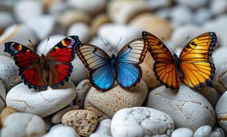 Three butterflies are sitting on a rock. The butterflies are of different colors photo