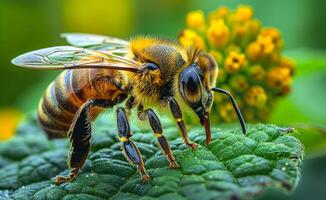 A bee is standing on a leaf, looking at the camera photo