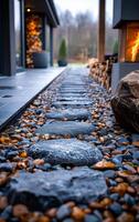 A stone walkway with a fire pit in the background. The walkway is made of rocks and has a rustic feel to it photo