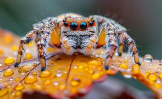 A spider is standing on a leaf with droplets of water on it photo