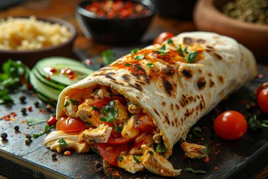 un grande burrito con pollo y Tomates es en un de madera mesa. el mesa es rodeado por bochas y un cuenco de pimientos foto