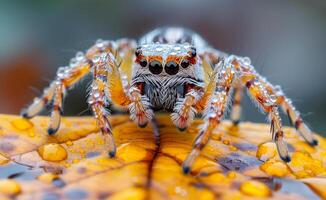 A spider is standing on a leaf with raindrops on it. The spider is brown and white with black eyes photo
