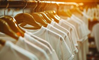 A rack of white shirts hanging in a store. The shirts are all the same color and are neatly hung on the hangers. photo