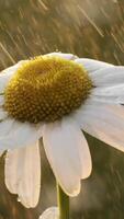 fermer de Marguerite sur pluvieux été journée. créatif. camomille avec gouttes de pluie sur ensoleillé journée. rafraîchissant pluie avec camomille sur été journée dans Prairie video