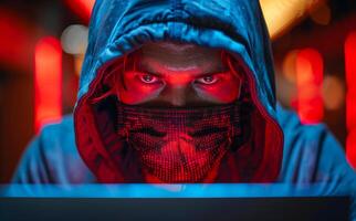 A man wearing a hoodie and a mask is looking at a computer screen. The image has a dark and eerie mood, with the man's face illuminated by the screen photo