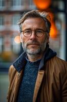 A man with glasses and a beard is standing in front of a building photo