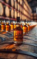 A row of liquor bottles are lined up on a wooden shelf. The scene gives off a warm and inviting atmosphere photo