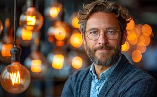 A man with glasses and a beard stands in front of a light fixture. He is smiling and looking directly at the camera photo