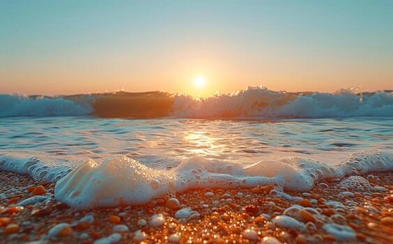 el Oceano es calma y el Dom es configuración, creando un hermosa. el agua es un mezcla de azul y blanco, con algunos rocas dispersado a lo largo de. el olas son amable foto