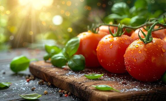 un de madera corte tablero con un manojo de maduro Tomates y albahaca hojas. concepto de frescura y abundancia foto