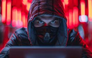 A man wearing a hoodie and a mask is looking at a laptop. The image has a dark and mysterious mood, with the man's face obscured by the mask and the hoodie photo