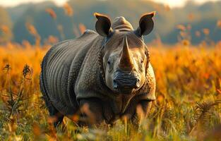 A rhino is standing in a field of tall grass. The rhino is looking at the camera, and the grass is yellow and brown photo