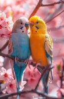 Two parakeets are perched on a branch of a tree. The blue bird is on the left and the yellow bird is on the right. The scene is peaceful and serene photo