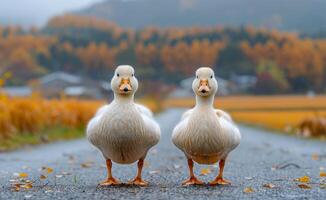 Two ducks standing on a road in the rain. The ducks are looking at the camera. Scene is lighthearted and playful photo