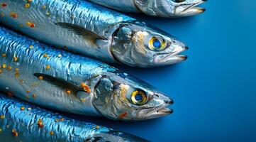 A group of fish with a blue background. The fish are all different sizes and are arranged in a row photo