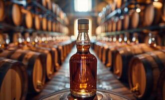 A bottle of whiskey is sitting on a wooden table in a room filled with barrels. The bottle of whiskey is the focal point of the scene photo