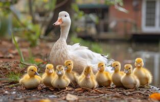 A mother duck and her ducklings are standing in a field. The mother duck is looking at the camera while the ducklings look on photo