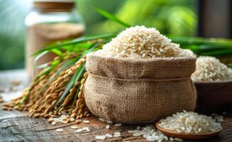 A bag of rice is sitting on a wooden table with a bunch of rice on the table photo