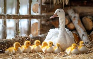 A mother duck and her ducklings are sitting on a straw bed photo