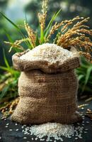 A bag of rice is sitting on a table with some rice scattered around it photo