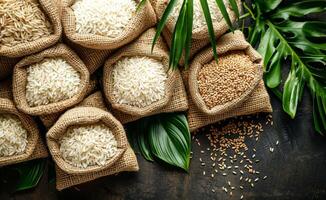 A bunch of bags of rice and other grains are displayed on a table photo