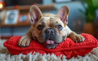 A dog is laying on a red pillow on a carpet. The dog is looking at the camera and he is happy photo