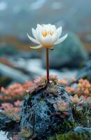 A small white flower is growing on a rock. The flower is surrounded by other plants and rocks, creating a peaceful and serene atmosphere photo