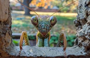 A green bug with a long antennae is looking at the camera photo