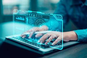 Innovation with Graphical User Interface and big data Concept, businessman using a laptop with touch Innovative ideas presented by management consultants on-screen, design, invention development photo