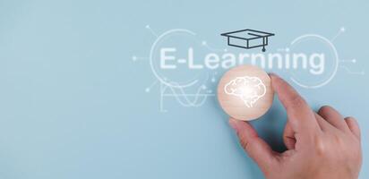 E-learning program certificate and online education learning workshop training.Male and female students icons virtual screen and lesson online classes on the internet. photo
