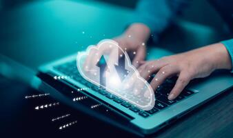 Cloud technology concept Global network of metaverse systems concept, Man hand touch data with internet cloud technology and File Transfer backup copy,Global business Internet for Telecommunication photo