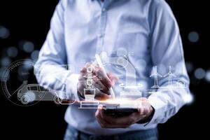 Industrial Engineer and AI, Artificial Intelligence concept, Manager Technical Industrial Engineer people and control robotics with monitoring system software and icon industry, Car EV technology photo